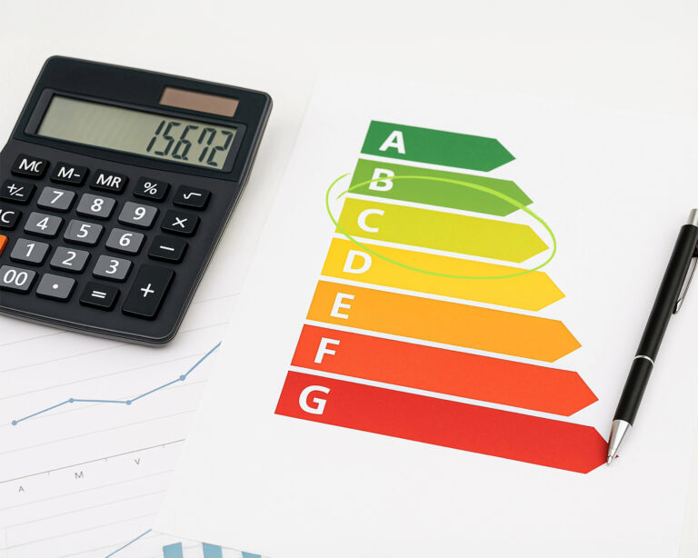 Energy efficiency rating chart with calculator and pen, highlighting EPC band C.