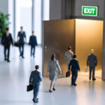 Business figures heading toward an exit door, symbolising landlords leaving the rental market.