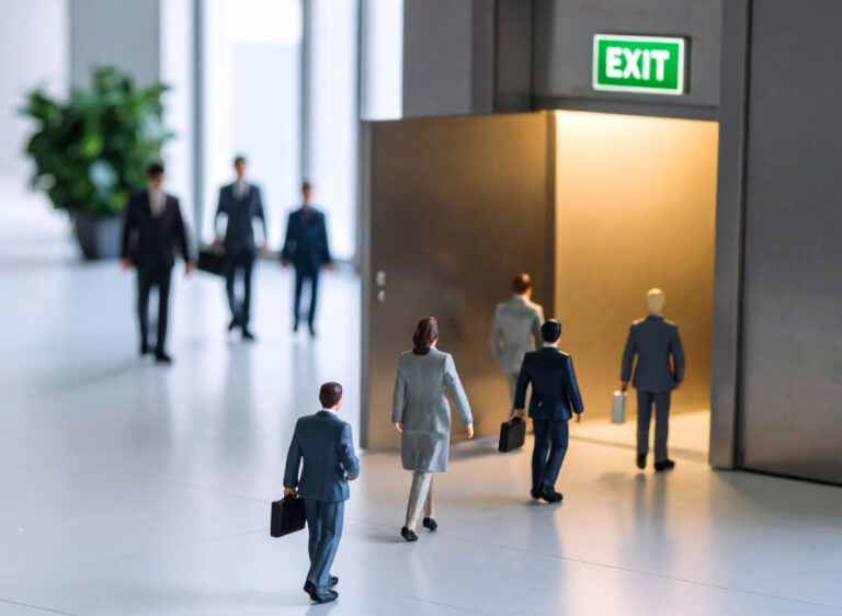 Business figures heading toward an exit door, symbolising landlords leaving the rental market.