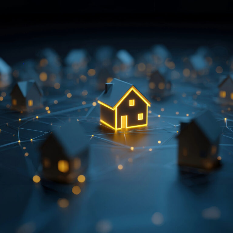 Glowing house symbolising housing data and regulation among dark surrounding homes