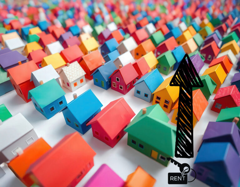 Rising rental property availability across England illustrated with colorful houses and an upward arrow.