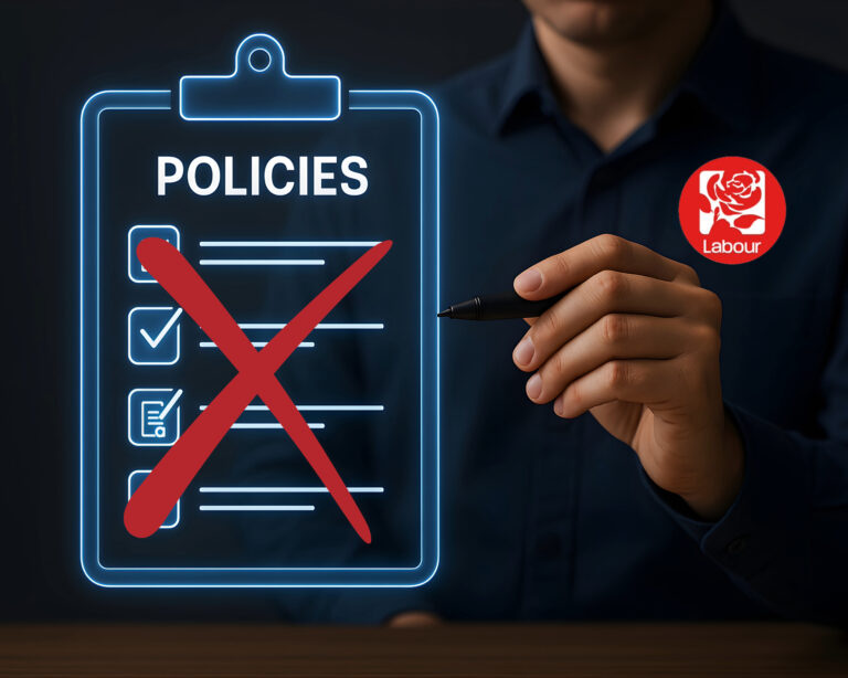 Labour policy illustration showing policy list crossed out in red
