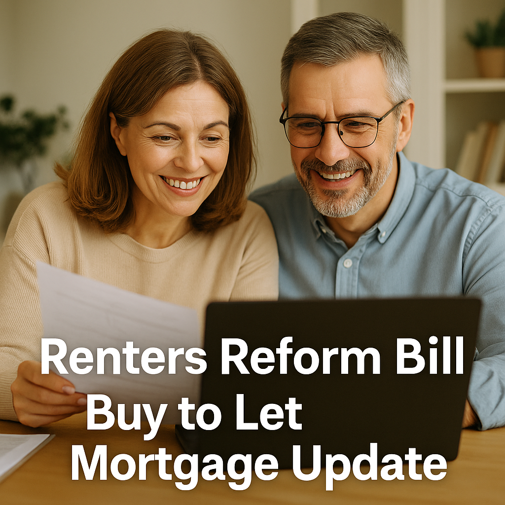 A confident UK landlord couple reviewing finances on a laptop, preparing for Renters Reform Bill buy to let mortgage updates.