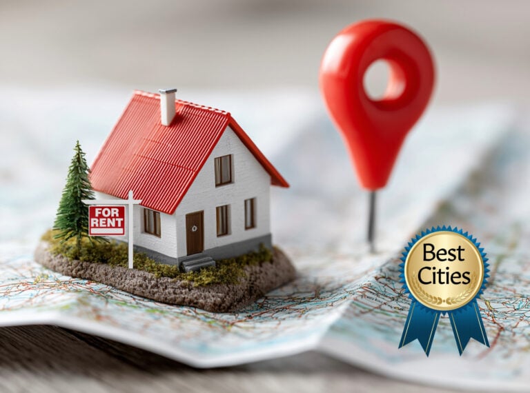Model house with “For Rent” sign and location pin representing best UK cities for renters