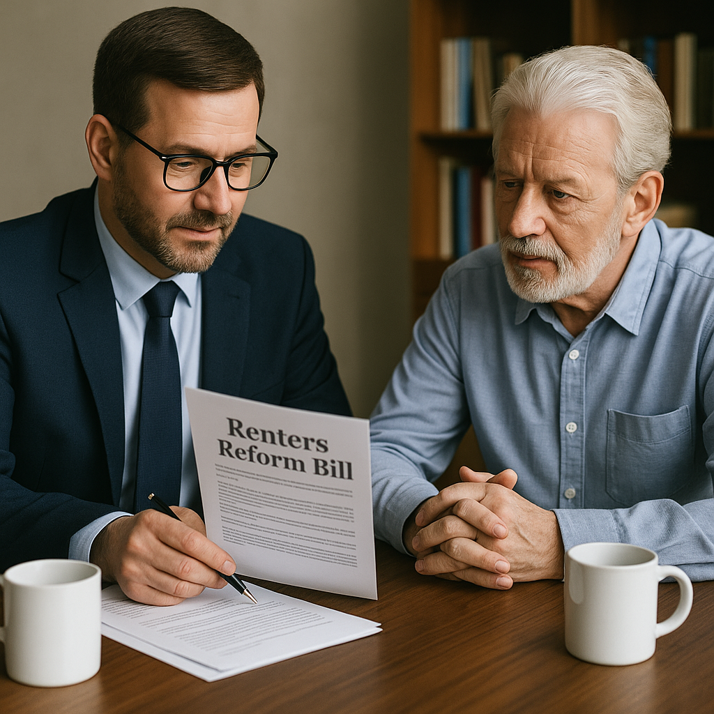 A financial adviser discussing the Renters Reform Bill with a UK landlord over coffee, reviewing how the legislation might influence buy to let mortgage criteria.