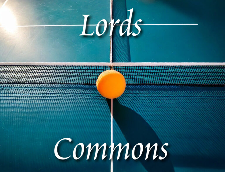Ping-pong ball balanced on net labeled “Lords” and “Commons,” symbolizing parliamentary back-and-forth.