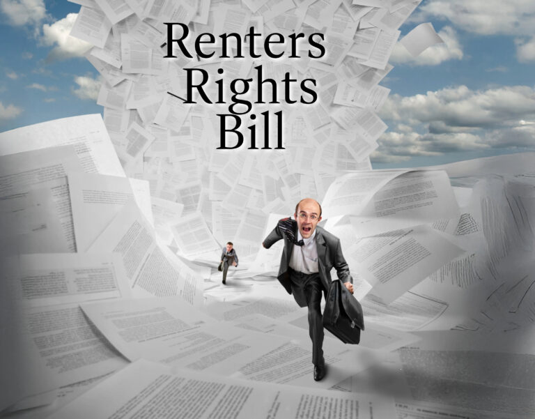 Businessmen overwhelmed by legal paperwork symbolizing the Renters’ Rights Bill