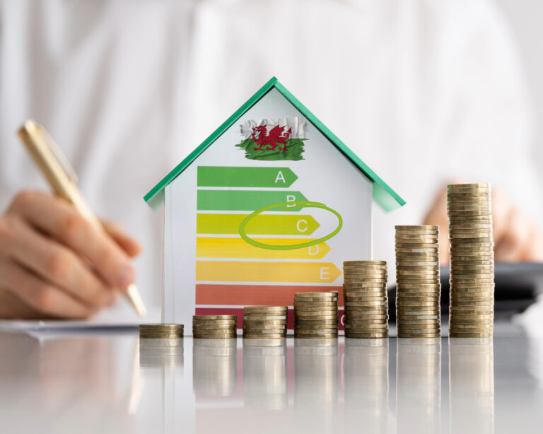 Energy efficiency rating chart with coins stacked to show housing costs in Wales