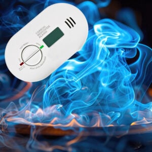 Carbon monoxide alarm with blue smoke representing gas safety awareness
