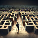 Landlord facing a vast maze symbolizing complex housing regulations