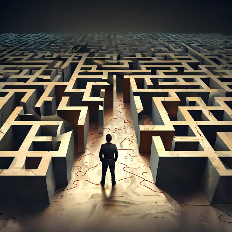 Landlord facing a vast maze symbolizing complex housing regulations