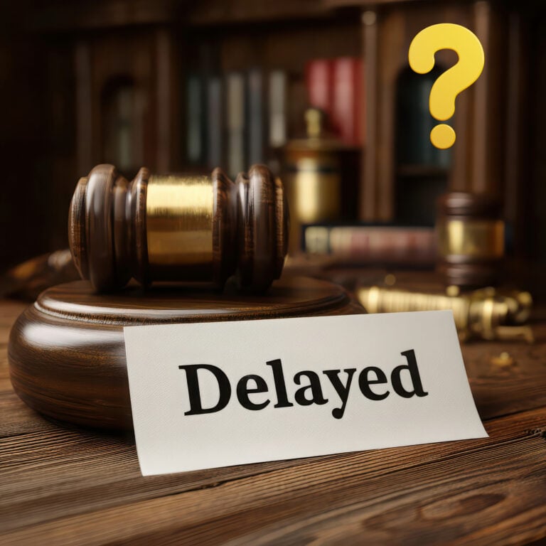 Gavel beside a sign reading “Delayed,” symbolizing court case backlogs and justice system delays.