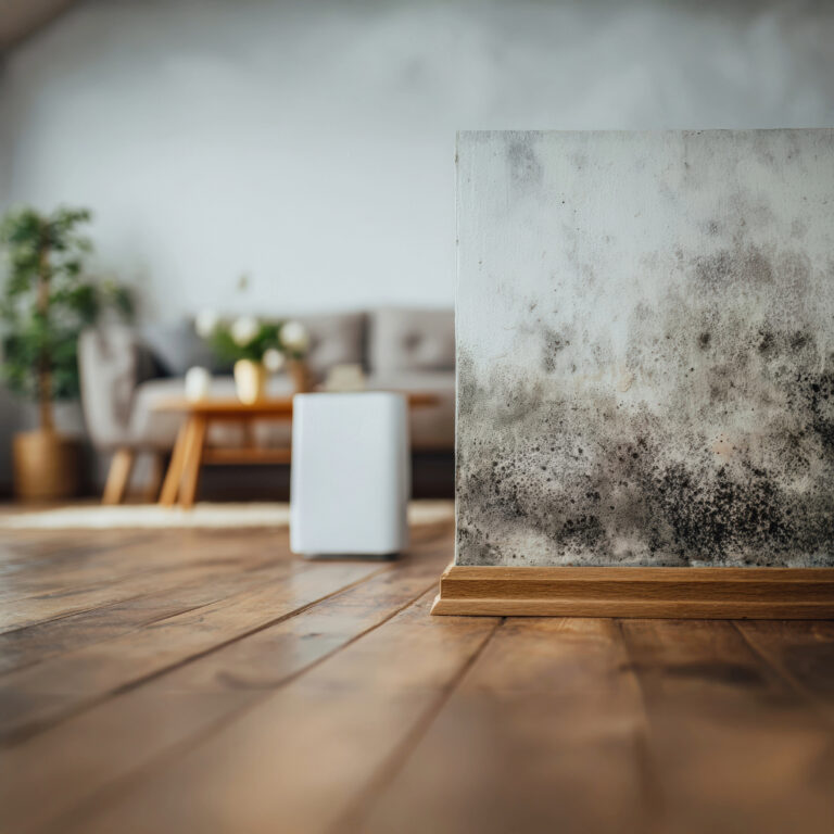 Damp and mould on a wall in a modern living room highlighting poor rental housing conditions
