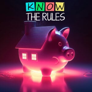 Piggy-bank house glowing under neon light with “Know the Rules” text, illustrating new rent and deposit regulations