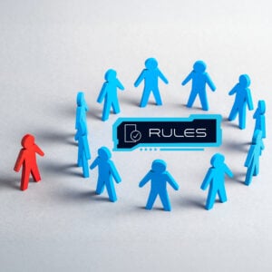 Blue figures forming a circle while a red figure stands outside, symbolising rental discrimination rules