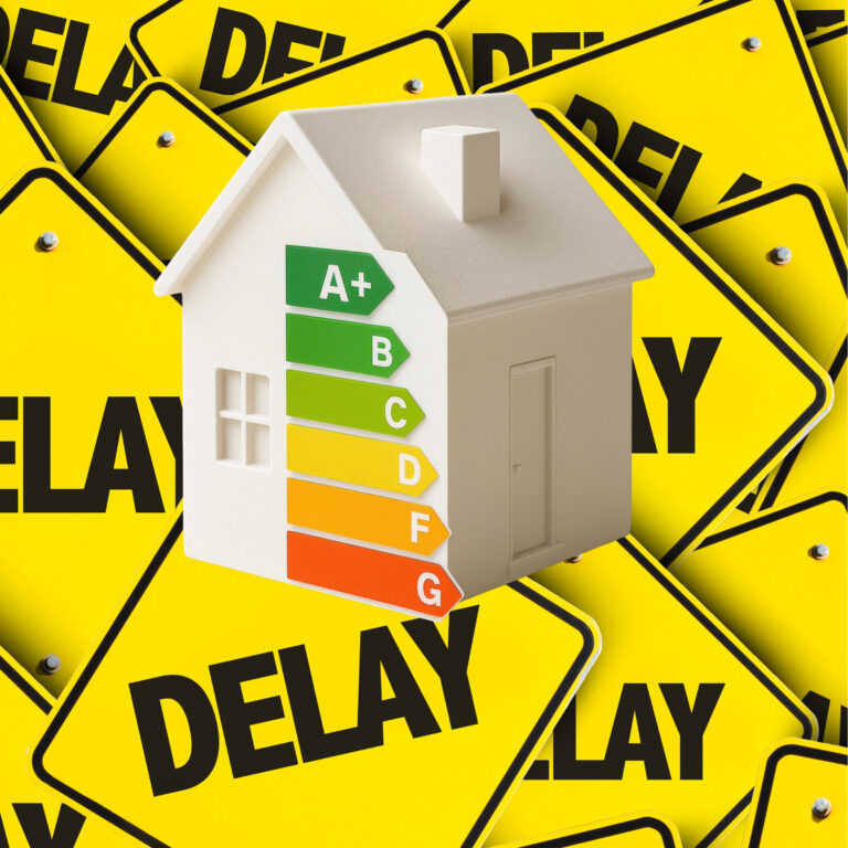 House model with EPC rating graphic set against multiple delay signs, highlighting stalled energy-efficiency upgrades