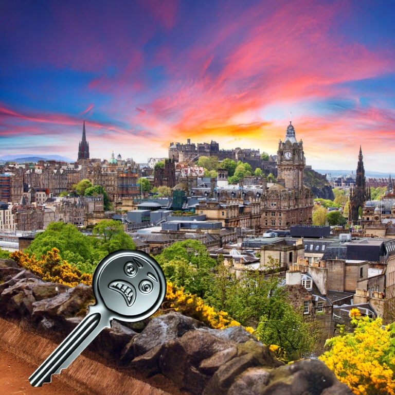 Edinburgh skyline at sunset with an illustrated worried key symbol highlighting rental housing concerns