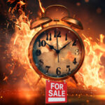 Burning clock with a for-sale sign symbolising a rushed sell-off before the Renters’ Rights Act
