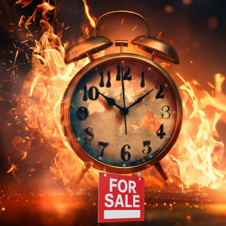 Burning clock with a for-sale sign symbolising a rushed sell-off before the Renters’ Rights Act