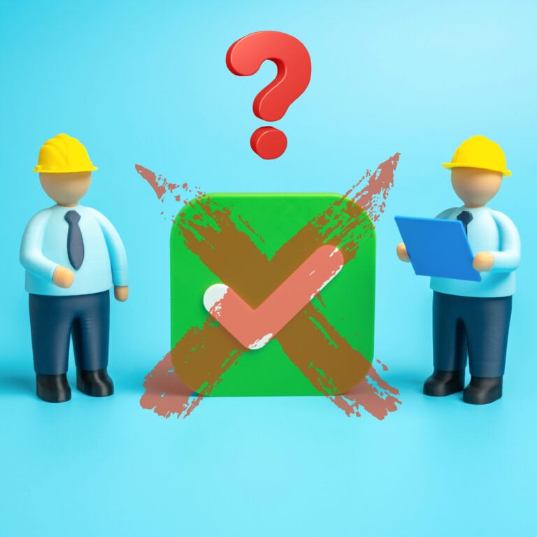 Two construction figures confused over a revoked approval or licensing issue.