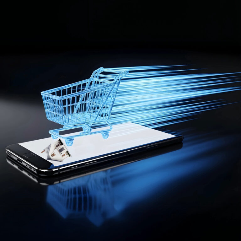 Digital shopping cart emerging from smartphone symbolising faster online property transactions
