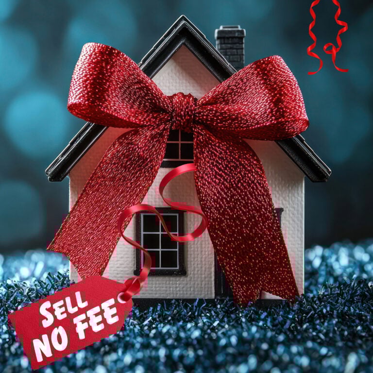 House wrapped with a red bow highlighting a no-fee fast-sale offer for landlords amid market changes