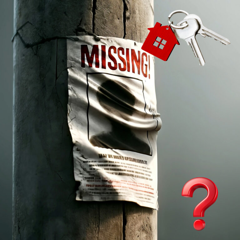 Missing tenant notice on a post with house keys and a question mark symbolizing landlord uncertainty