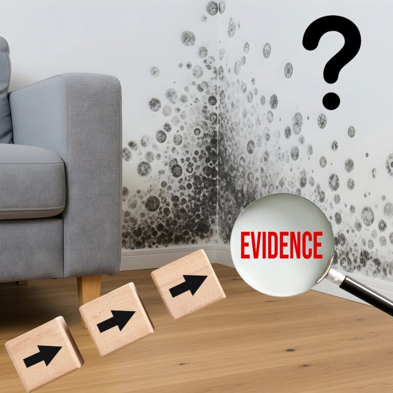 Evidence search highlighting mould growth on a living room wall near a sofa.