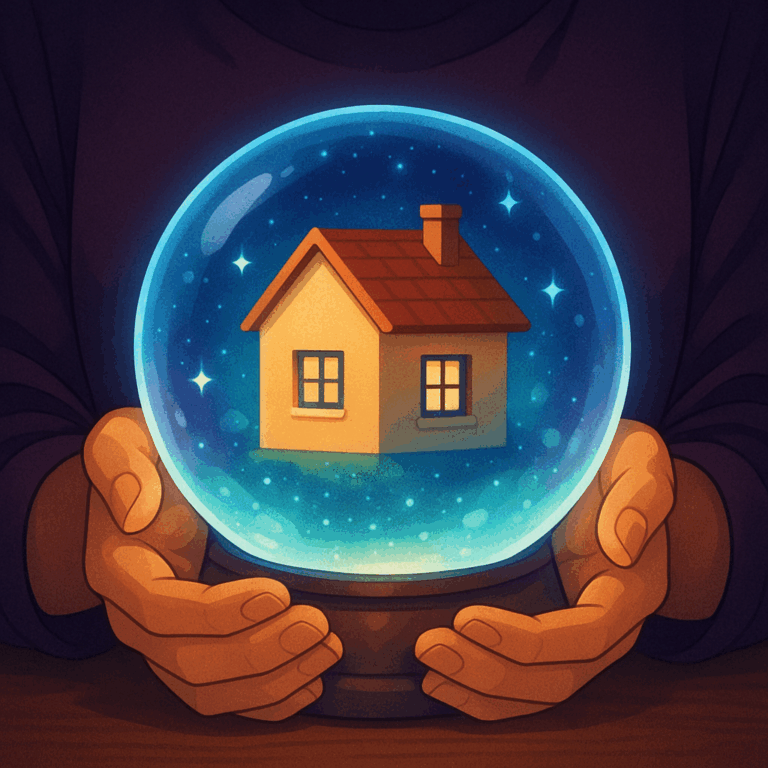 Hands holding a glowing crystal ball with a small house inside, symbolising a landlord horoscope.