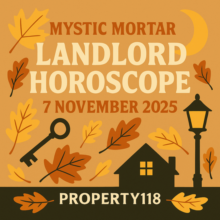 Mystic Mortar Landlord Horoscope 7 November 2025, autumn cartoon design with leaves, key, house and lamppost, Property118