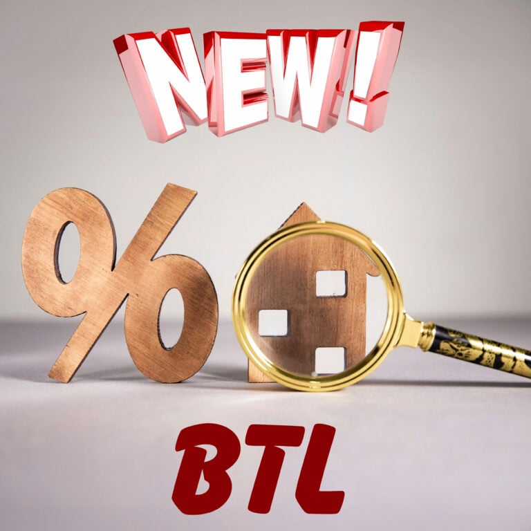 New BTL mortgage options with interest rate symbols and property icon under magnifying glass