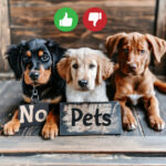 three puppies beside a “No Pets” sign illustrating pet-request rules for landlords