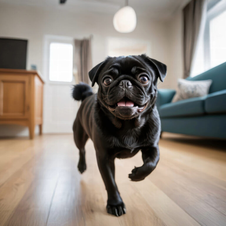 Happy black pug running across a living room floor