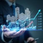 Digital city skyline and rising financial charts representing growth in the property investment market