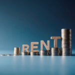 Stacked coins forming the word RENT to illustrate rising UK rental costs