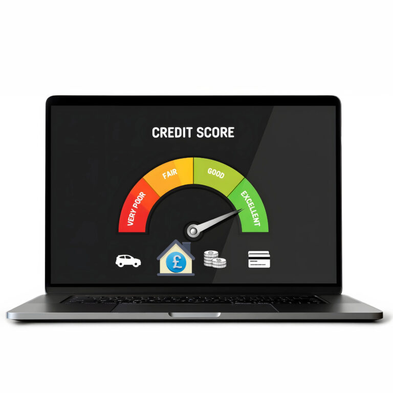 Credit score gauge showing excellent rating on a laptop screen.