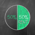Pie chart showing half of income spent on rent, illustrating tenant affordability pressures.