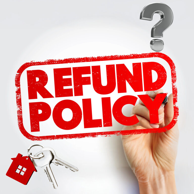 Refund policy graphic with house keys illustrating unexpected rent refunds