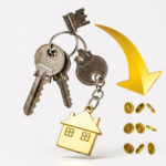 House keychain with falling coins symbolizing rent prices dropping in England.