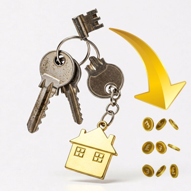 House keychain with falling coins symbolizing rent prices dropping in England.