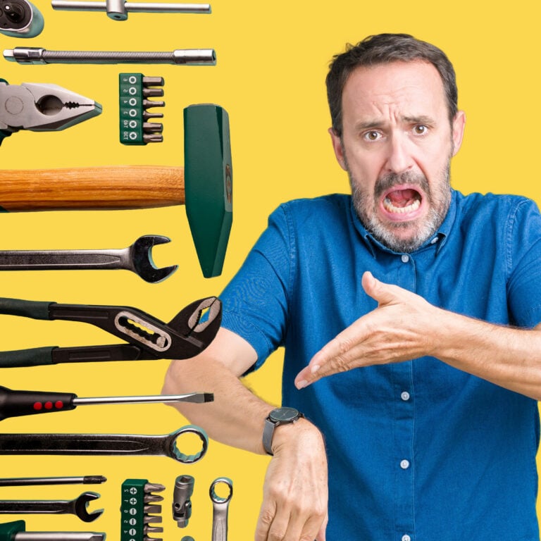 Concerned renter reacting to delayed home repairs alongside household tools
