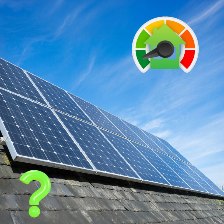 Solar panels on a rooftop with an energy-efficiency gauge and a question mark symbol