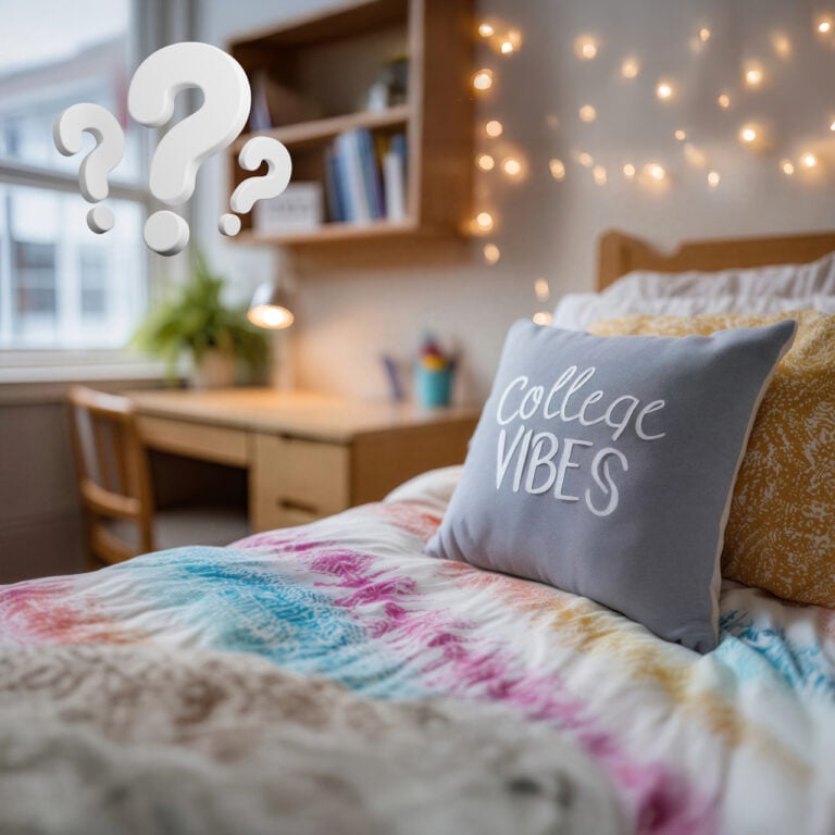 Cozy student bedroom with “College Vibes” pillow and study desk under warm fairy lights.