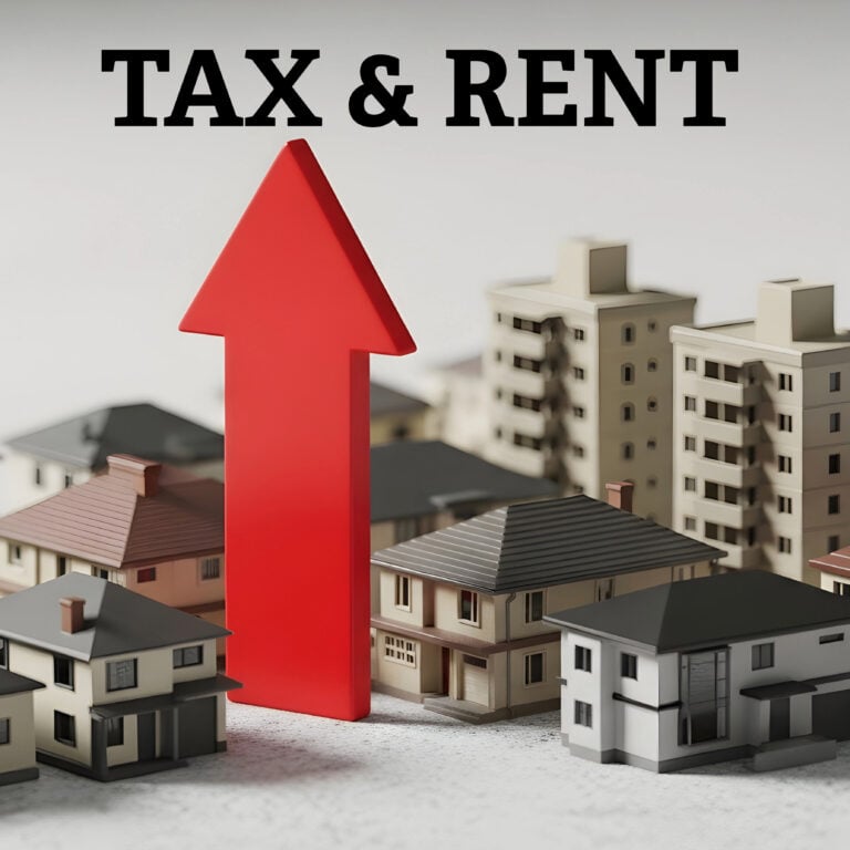 Red arrow rising among houses and flats illustrating how higher landlord taxes may increase rents