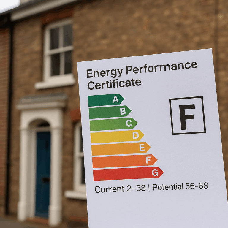 An EPC certificate with an F rating held in front of a UK rental property.