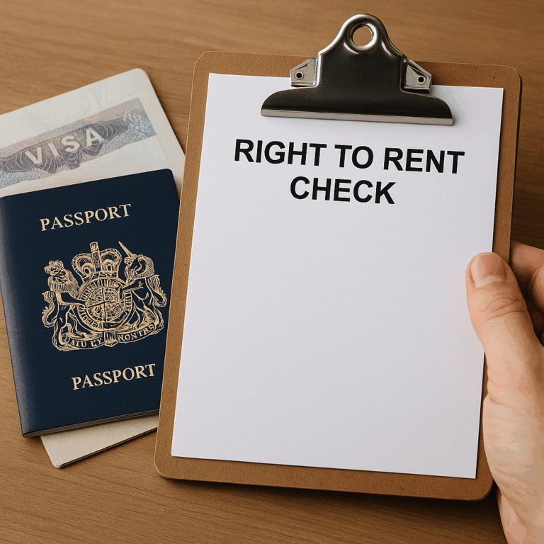 A blank Right to Rent check form on a clipboard beside a UK passport and visa documents.
