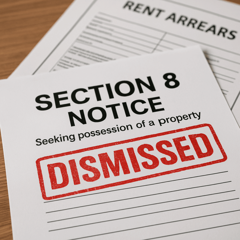 A Section 8 notice stamped dismissed, with rent arrears paperwork in the background.