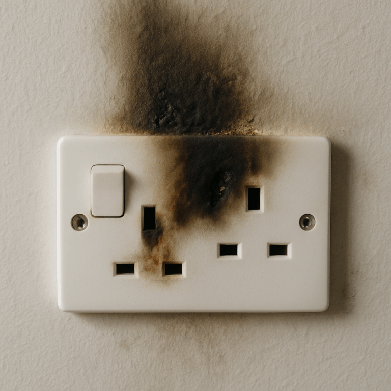 A scorched electrical socket showing burn marks from a safety failure.