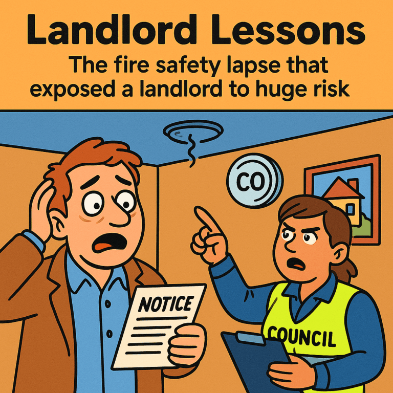 Cartoon of a landlord receiving a council notice for missing smoke and carbon monoxide alarms.