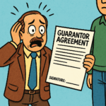 Cartoon of a worried landlord holding an unsigned guarantor agreement.